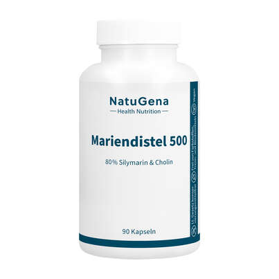 Sie sehen eine Packung NatuGena Mariendistel 500, Produktbild: 01 NatuGena Mariendistel 500, A-Nr.: 6110379 - 01
