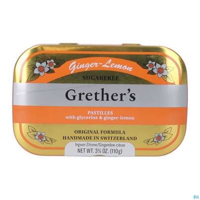 Sie sehen eine Packung Grethers Pastillen Zuckerfrei Ginger Lemon 110g, Produktbild: 01 Grethers Pastillen Zuckerfrei Ginger Lemon 110g, A-Nr.: 5971955 - 01