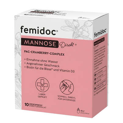 Sie sehen eine Packung femidoc® MANNOSE Direkt+, Produktbild: 01 femidoc® MANNOSE Direkt+, A-Nr.: 6042028 - 01