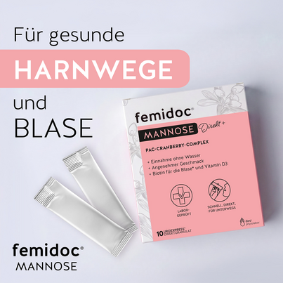 Sie sehen eine Packung femidoc® MANNOSE Direkt+, Produktbild: 03 femidoc® MANNOSE Direkt+, A-Nr.: 6042028 - 03