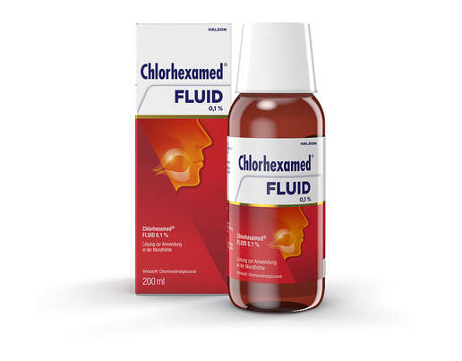 Sie sehen eine Packung Chlorhexamed Fluid 0,1% 200 ml, Produktbild: 01 Chlorhexamed Fluid 0,1% 200 ml, A-Nr.: 0713958 - 01