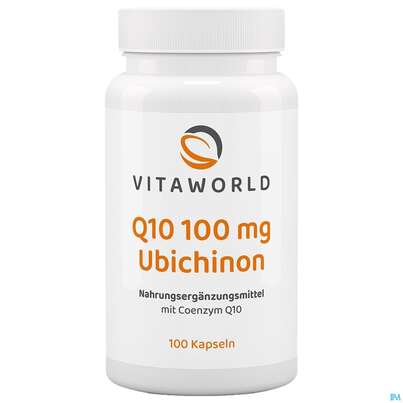 Sie sehen eine Packung Coenzym Q10 Kapseln 100mg Vegan Ubichinon Vita World 100st, Produktbild: 07 Coenzym Q10 Kapseln 100mg Vegan Ubichinon Vita World 100st, A-Nr.: 4836362 - 07