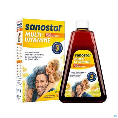 Sie sehen eine Packung Sanostol Multivitamin/saft Ohne Zuckerzusatz 460ml, Produktbild: 03 Sanostol Multivitamin/saft Ohne Zuckerzusatz 460ml, A-Nr.: 3945043 - 03