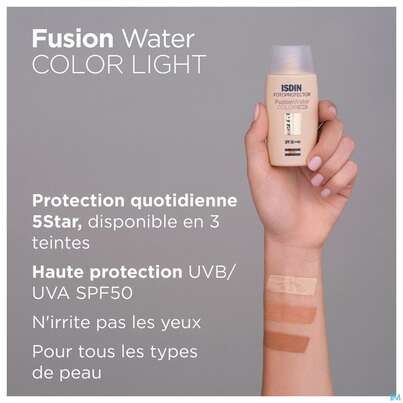 Sie sehen eine Packung Sonnenprodukte Isdin/fotoprotection Fusion Water Color Light Lsf 50 50ml, Produktbild: 16 Sonnenprodukte Isdin/fotoprotection Fusion Water Color Light Lsf 50 50ml, A-Nr.: 5570274 - 16