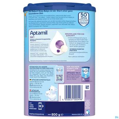 Sie sehen eine Packung Aptamil Milch-fertignahrung Ha 1 800g, Produktbild: 03 Aptamil Milch-fertignahrung Ha 1 800g, A-Nr.: 4882238 - 03