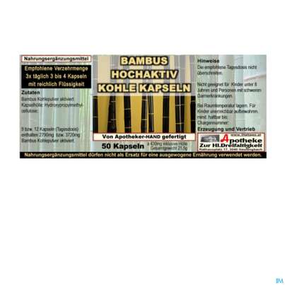 Sie sehen eine Packung Bambus Hochaktiv Kohle Kapseln 100% Bambus Kohlepulver Aktiviert 50st, Produktbild: 02 Bambus Hochaktiv Kohle Kapseln 100% Bambus Kohlepulver Aktiviert 50st, A-Nr.: 5066251 - 02