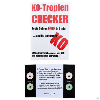 Sie sehen eine Packung Diagnostika U.zubehoer K.o Tropfen Schnelltest Fuer Ghb +ketamin 2st, Produktbild: 06 Diagnostika U.zubehoer K.o Tropfen Schnelltest Fuer Ghb +ketamin 2st, A-Nr.: 5584394 - 06