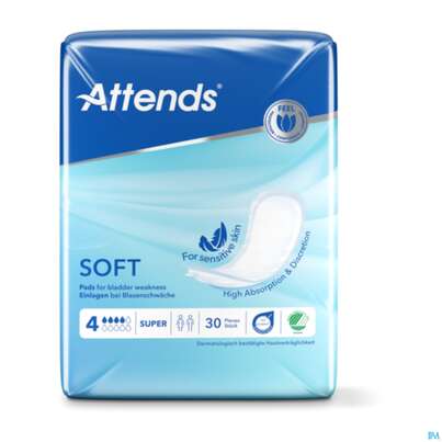Sie sehen eine Packung Inkontinenz Attends Einlagen Soft 4 Super 30st, Produktbild: 01 Inkontinenz Attends Einlagen Soft 4 Super 30st, A-Nr.: 4577328 - 01