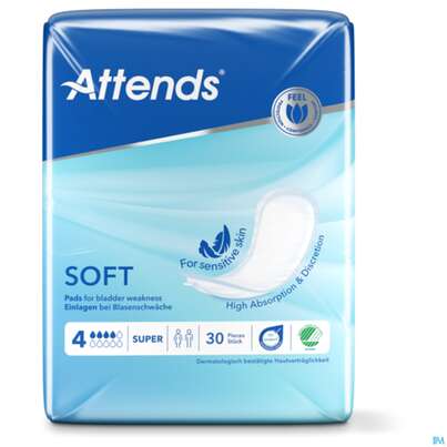Sie sehen eine Packung Inkontinenz Attends Einlagen Soft 4 Super 30st, Produktbild: 02 Inkontinenz Attends Einlagen Soft 4 Super 30st, A-Nr.: 4577328 - 02