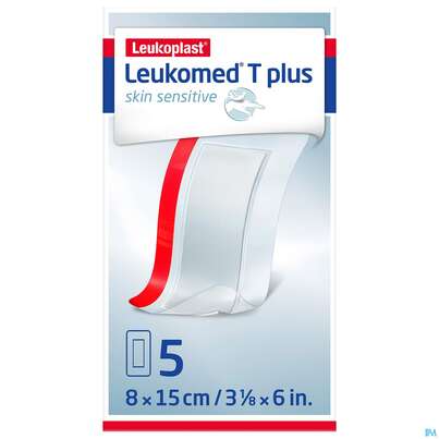 Sie sehen eine Packung Wundverband Leukomed T Plus/skin Sensitiv Folienverband +auflage Steril 8x15cm 5st, Produktbild: 01 Wundverband Leukomed T Plus/skin Sensitiv Folienverband +auflage Steril 8x15cm 5st, A-Nr.: 5267630 - 01