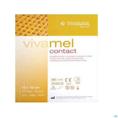 Sie sehen eine Packung Wundverband Vivamel Contact Verband Steril M.honig 5x 5cm Nr To19707 10st, Produktbild: 01 Wundverband Vivamel Contact Verband Steril M.honig 5x 5cm Nr To19707 10st, A-Nr.: 4023015 - 01