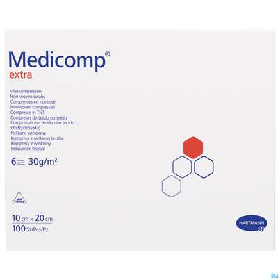 Sie sehen eine Packung Medicomp/extra Vliesstoff-kompressen 6fach/unsteril 10x 20cm 100st, Produktbild: 01 Medicomp/extra Vliesstoff-kompressen 6fach/unsteril 10x 20cm 100st, A-Nr.: 1652118 - 01