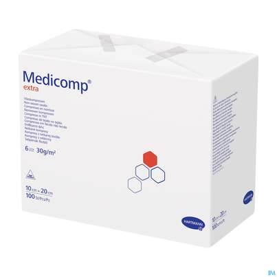 Sie sehen eine Packung Medicomp/extra Vliesstoff-kompressen 6fach/unsteril 10x 20cm 100st, Produktbild: 02 Medicomp/extra Vliesstoff-kompressen 6fach/unsteril 10x 20cm 100st, A-Nr.: 1652118 - 02