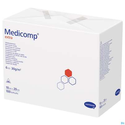 Sie sehen eine Packung Medicomp/extra Vliesstoff-kompressen 6fach/unsteril 10x 20cm 100st, Produktbild: 03 Medicomp/extra Vliesstoff-kompressen 6fach/unsteril 10x 20cm 100st, A-Nr.: 1652118 - 03