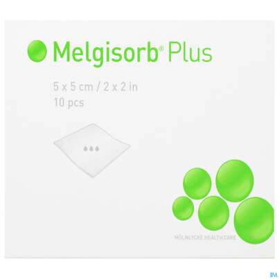 Sie sehen eine Packung Melgisorb Plus Steril 5x 5cm 10st, Produktbild: 01 Melgisorb Plus Steril 5x 5cm 10st, A-Nr.: 4245106 - 01
