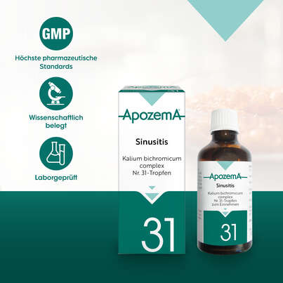 Sie sehen eine Packung Apozema® Nr. 31 Sinusitis-Tropfen, Produktbild: 04 Apozema® Nr. 31 Sinusitis-Tropfen, A-Nr.: 0987822 - 04