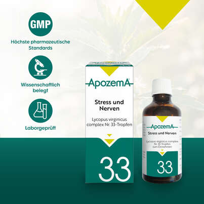 Sie sehen eine Packung Apozema® Nr. 33 Stress- und Nerven-Tropfen, Produktbild: 04 Apozema® Nr. 33 Stress- und Nerven-Tropfen, A-Nr.: 0982925 - 04