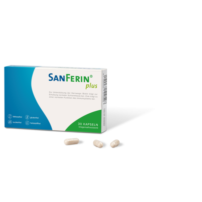 Sie sehen eine Packung SANFERIN PLUS 30 magensaftresistente Kapseln, Produktbild: 01 SANFERIN PLUS 30 magensaftresistente Kapseln, A-Nr.: 6028169 - 01