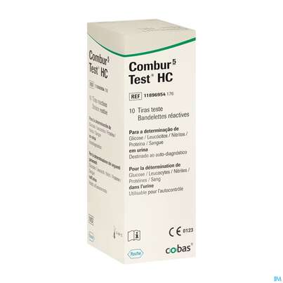 Sie sehen eine Packung Diagnostika U.zubehoer Urinteststreifen/schnell Combur 5 Hc 10st, Produktbild: 02 Diagnostika U.zubehoer Urinteststreifen/schnell Combur 5 Hc 10st, A-Nr.: 3007126 - 02