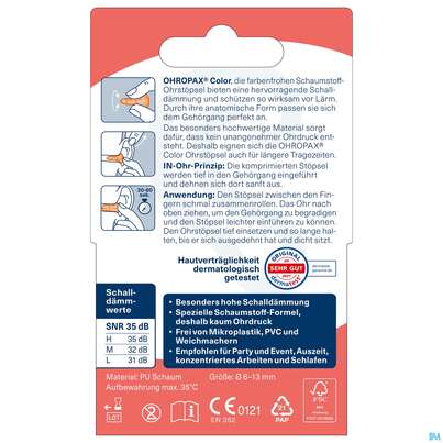 Sie sehen eine Packung Ohrenschutz Ohropax Schaumstoffstoepsel Color Plux 8st, Produktbild: 06 Ohrenschutz Ohropax Schaumstoffstoepsel Color Plux 8st, A-Nr.: 2281351 - 06