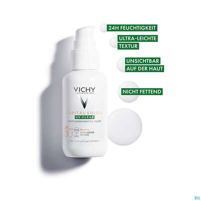 Sie sehen eine Packung Sonnenprodukte Vichy/capital Soleil Uv-clear Lsf50+ 40ml, Produktbild: 10 Sonnenprodukte Vichy/capital Soleil Uv-clear Lsf50+ 40ml, A-Nr.: 5672891 - 10