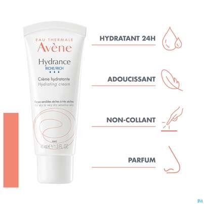 Sie sehen eine Packung Avene Hydrance Reichhaltige Feuchtig- Keitscreme 40ml, Produktbild: 12 Avene Hydrance Reichhaltige Feuchtig- Keitscreme 40ml, A-Nr.: 1505601 - 12