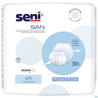 Sie sehen eine Packung Inkontinenz Einlagen Seni San Uni 30st, Produktbild: 02 Inkontinenz Einlagen Seni San Uni 30st, A-Nr.: 3586621 - 02