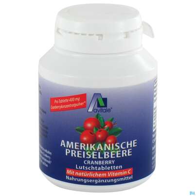 Sie sehen eine Packung Preiselbeer Lutschtabl Amer Avi 60st, Produktbild: 01 Preiselbeer Lutschtabl Amer Avi 60st, A-Nr.: 3831167 - 01