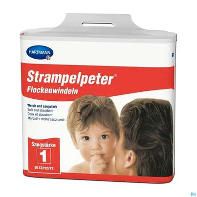 Sie sehen eine Packung Inkontinenz Strampelpeter Flockenwindeln Staerke 1 56st, Produktbild: 06 Inkontinenz Strampelpeter Flockenwindeln Staerke 1 56st, A-Nr.: 2307530 - 06