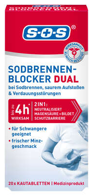 Sie sehen eine Packung SOS Sodbrennen-Blocker DUAL KTA 20ST, Produktbild: 01 SOS Sodbrennen-Blocker DUAL KTA 20ST, A-Nr.: 6142155 - 01