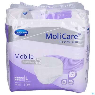 Sie sehen eine Packung Inkontinenz Molicare Premium/mobile/8 Tropfen Lila L 100-150cm 14st, Produktbild: 01 Inkontinenz Molicare Premium/mobile/8 Tropfen Lila L 100-150cm 14st, A-Nr.: 3078617 - 01