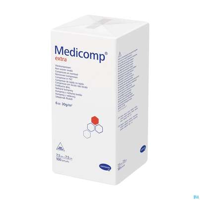 Sie sehen eine Packung Kompressen Medicomp/extra Vliesstoff 6fach Unsteril 7,5x 7,5cm 100st, Produktbild: 02 Kompressen Medicomp/extra Vliesstoff 6fach Unsteril 7,5x 7,5cm 100st, A-Nr.: 1652093 - 02