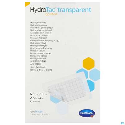 Sie sehen eine Packung Schaumverband Hydrotac Transparent/comfort 6,5x10cm 10st, Produktbild: 01 Schaumverband Hydrotac Transparent/comfort 6,5x10cm 10st, A-Nr.: 5310567 - 01