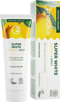 Sie sehen eine Packung Nordics Bio Zahnpasta Whitening Super White Zitrone & Minze, Produktbild: 01 Nordics Bio Zahnpasta Whitening Super White Zitrone & Minze, A-Nr.: 5332221 - 01