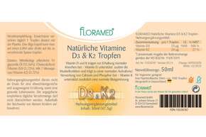 Sie sehen eine Packung Floramed Vitamin D3 & K2 Tropfen natürlich, Produktbild: 01 Floramed Vitamin D3 & K2 Tropfen natürlich, A-Nr.: 5106743 - 01