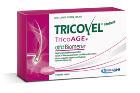 Sie sehen eine Packung Tricovel TricoAge+ Retard Tabletten, Produktbild: 01 Tricovel TricoAge+ Retard Tabletten, A-Nr.: 3447121 - 01