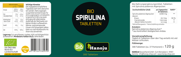 Hanoju Spirulina Tabletten Bio, A-Nr.: 4256110 - 02