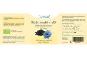 Sie sehen eine Packung Floramed Bio-Schwarzkümmelöl Kapseln DE-ÖKO-003, Produktbild: 01 Floramed Bio-Schwarzkümmelöl Kapseln DE-ÖKO-003, A-Nr.: 4389992 - 01