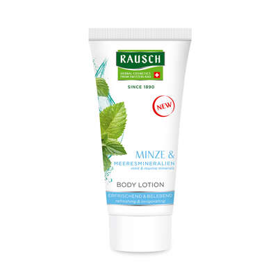 Sie sehen eine Packung RAUSCH Minze BODY LOTION, Produktbild: 01 RAUSCH Minze BODY LOTION, A-Nr.: 4948546 - 01