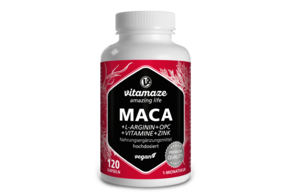 Sie sehen eine Packung Vitamaze Maca 10:1 hochdosiert +L-Arginin u. OPC u. Vitamine vegan, Produktbild: 01 Vitamaze Maca 10:1 hochdosiert +L-Arginin u. OPC u. Vitamine vegan, A-Nr.: 5179417 - 01