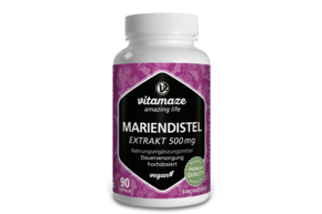 Sie sehen eine Packung Vitamaze Mariendistel Extrakt 500mg hochdosiert vegan, Produktbild: 01 Vitamaze Mariendistel Extrakt 500mg hochdosiert vegan, A-Nr.: 5179630 - 01