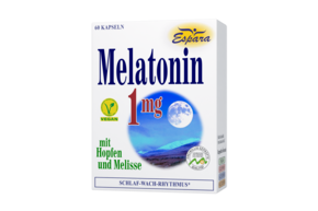 Sie sehen eine Packung Espara Melatonin 1mg Kapseln, Produktbild: 01 Espara Melatonin 1mg Kapseln, A-Nr.: 5427163 - 01