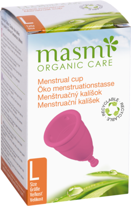 Sie sehen eine Packung Masmi Öko Menstruationstasse Größe L, Produktbild: 01 Masmi Öko Menstruationstasse Größe L, A-Nr.: 4620840 - 01