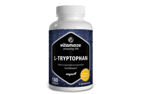 Sie sehen eine Packung Vitamaze L-Tryptophan 500mg hochdosiert vegan, Produktbild: 01 Vitamaze L-Tryptophan 500mg hochdosiert vegan, A-Nr.: 5274038 - 01