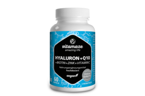 Sie sehen eine Packung Vitamaze Hyaluronsäure 200mg hochdosiert +Coenzym Q10 vegan, Produktbild: 01 Vitamaze Hyaluronsäure 200mg hochdosiert +Coenzym Q10 vegan, A-Nr.: 5179593 - 01