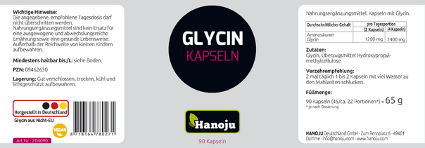 Sie sehen eine Packung Hanoju Glycin Kapseln 600mg, Produktbild: 02 Hanoju Glycin Kapseln 600mg, A-Nr.: 4255501 - 02