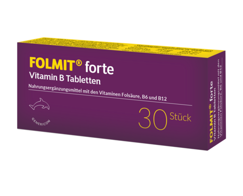 Sie sehen eine Packung FOLMIT® forte mit Folsäure, Vitamin B6 und B12, Produktbild: 01 FOLMIT® forte mit Folsäure, Vitamin B6 und B12, A-Nr.: 4218380 - 01