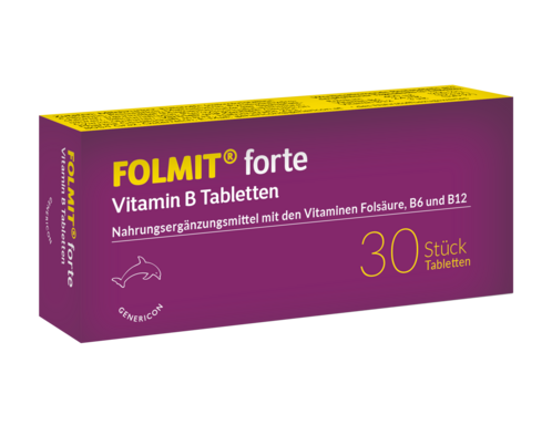 Sie sehen eine Packung FOLMIT® forte mit Folsäure, Vitamin B6 und B12, Produktbild: 02 FOLMIT® forte mit Folsäure, Vitamin B6 und B12, A-Nr.: 4218380 - 02
