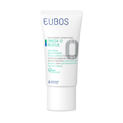 Sie sehen eine Packung Eubos Omega 12% Gesichtscreme 50 ml, Produktbild: 01 Eubos Omega 12% Gesichtscreme 50 ml, A-Nr.: 3998743 - 01