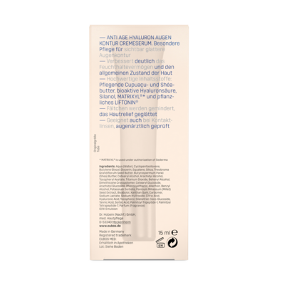 Sie sehen eine Packung Eubos Anti Age Hyaluron Augen Kontur Serum 15ml, Produktbild: 05 Eubos Anti Age Hyaluron Augen Kontur Serum 15ml, A-Nr.: 4006896 - 05